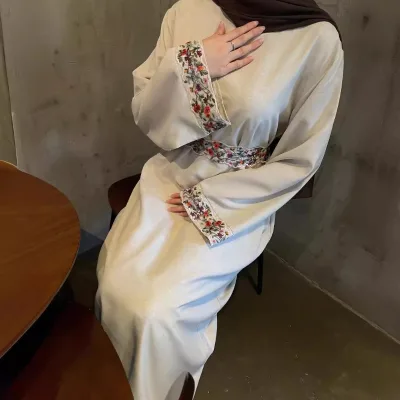 Muslim Clothing Linen Embroidery with Lining Dress Floral Embroidery