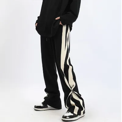 Wide Leg Men's American Retro Sweat Pants Stripe Splicing Hip Hop Men's Pants