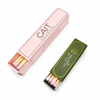 Minimalist Long & Short Drawer Match Box Custom Gold Outline Graphic Logo Pink Pastel Head Matches