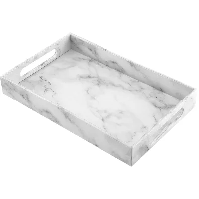 Custom Handle Design Leather Serving Tray White Pattern Leather Decorative Tray Countertop Storage Organizer PU Leather Tray