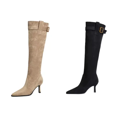 Women's Over-the-Knee High Heel Boots Black Suede Pointed Toe Buckle Detail Fashionable Stiletto Boots for Autumn Winter