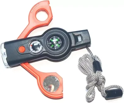 7-in-1 Multi-Functional Survival Emergency Safety Whistle with Lanyard Compass Thermometer LED Mirror Magnifier