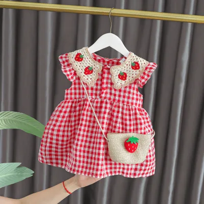 2025 New Year Baby Girl Princess Dress Sweet Stylish O-Neck Summer Plaid Pattern Lace A-line Knee-length Polyester/Cotton