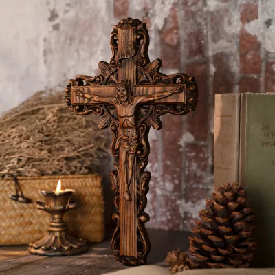 Vintage Solid Wood Carved Christmas Cross Sculpture Ornament Home Decor Hanging Pendant Creative Cross-Border Gift