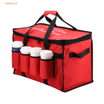 Wholesale Custom Reusable Take-out Insulated Pizza and Food Delivery Bag with 4 Cups Holders Cooler Tote Bag