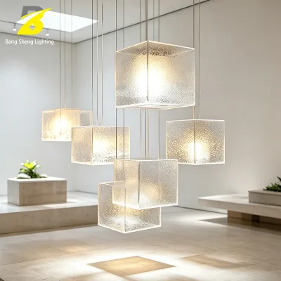 Stacked Cube Bubble Textured Glass Pendant Light Cluster Irregular Dispersed Square Frosted Glass Box Suspension Lamp Minimalist