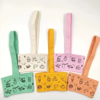 Wholesale Custom Printed Canvas Coffee Cup Sleeves Eco-Friendly Daily Use with Cartoon Pattern and Logo