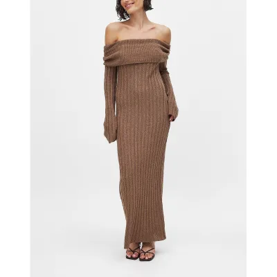 2024 Women's Fall Sexy off Shoulder Long Sleeve Bodycon Ribbed Knit Club Wedding Midi Dress Strapless Pencil Pencil Style Summer