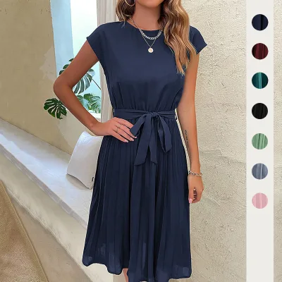 Hot-sellingVersatile and Simple DressSummer Casual Lace-up Solid Color Pleated Dress