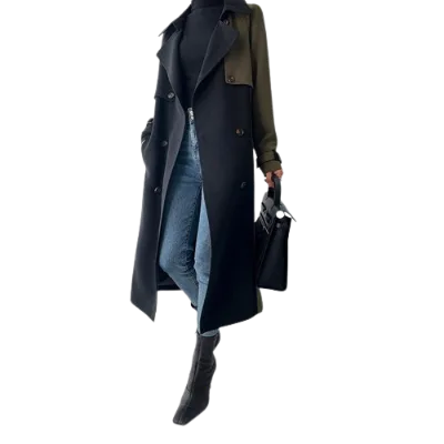 Customized New Lady Elegant Barge Collar Splicing Lacing Double Breasted Windproof Slim Women's Trench Sued Trench CoatJacket
