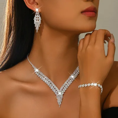 Super Sparkling Full Diamonds Tassel Necklace Earrings Bracelet Jewelry Set for Bridal Wedding Engagement Party Accessories