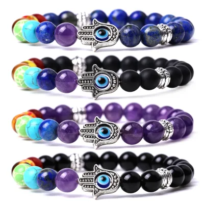 8mm Natural Stone Fatima Palms Evil Eyes Bracelet Tiger Eye Stone Hand String Colorful Stone Beaded Bracelet Jewelry for Women