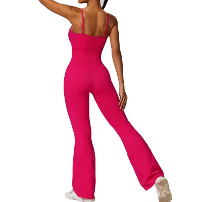 Women Stretch Compression Soft Adjustable Ribbed Seamless Flare Yoga Jumpsuit