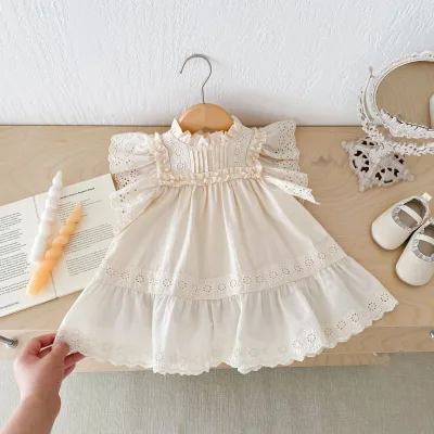 Newborn Toddler Girl Summer Dress Elegant Cream White Ruffled Lace Summer Sweet Solid Princess Dress for Girls Princess Dress