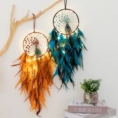 Boho Wall Art Blue Peacock Feather Dream Catcher Handmade Wall Home Decor for Bedroom Craft Gift
