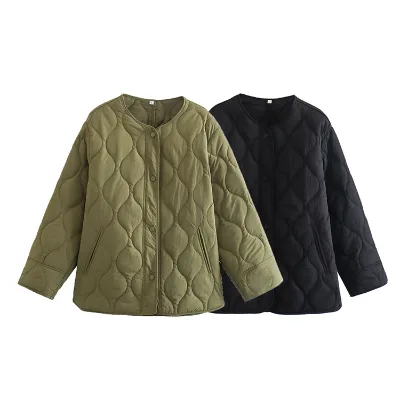 Foreign Trade Wholesale: 2025 A/W New Euro-American Style Quilted Minimalist Solid Crewneck Loose Cotton Jacket