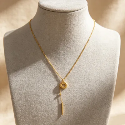 OJXL0161 Two Tone Stainless Steel Geometric Circle Y-Shape Drop Necklace with Bar Chokers Hypoallergenic Waterproof Jewelry