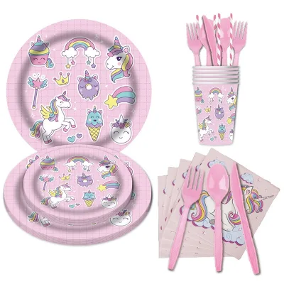 For Qudoo Cross-Border Rainbow Pony Paper Cup and Plate Set Pink Spoon and Knife Christmas Themed Party Supplies