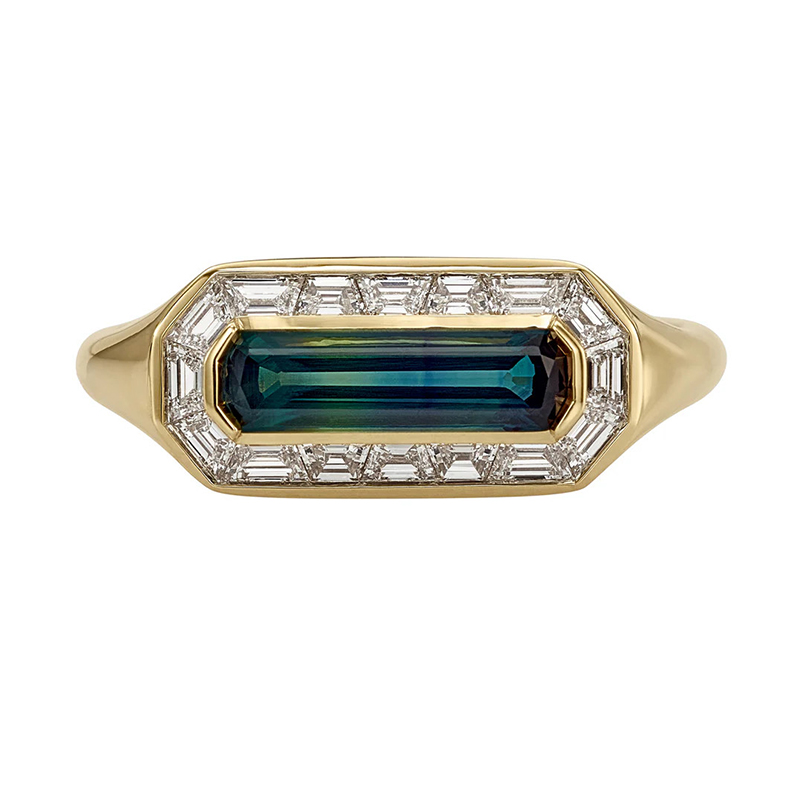 Gemnel Statement Green Gemstone Ring 18K Gold Plated Baguette Cut CZ Halo Geometric Cocktail Ring Women Luxury Fashion Jewelry