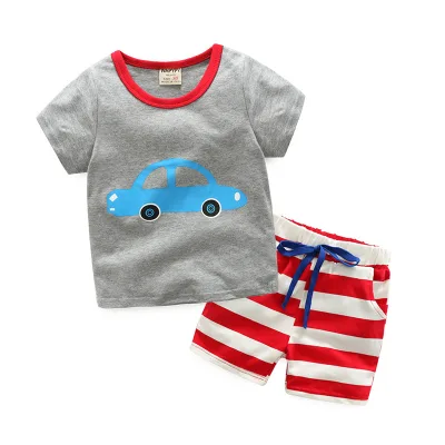 High Quality Wholesale New Style Children Clothes Clothing Sets Car Boy T Shirt and Indian Cotton Striped Pants