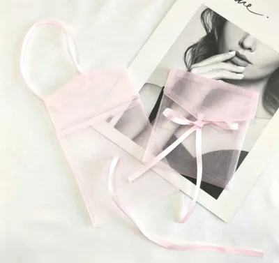 Custom Logo Envelope Flap Organza Gift Bags With Satin Ribbon Bow Sheer Mesh Organza Pouch For Jewelry Makeup