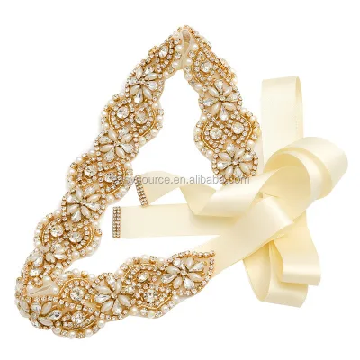 RE5028 Luxury Gold Rhinestone Floral Bridal Applique Belt Wedding Sash for Bridesmaid