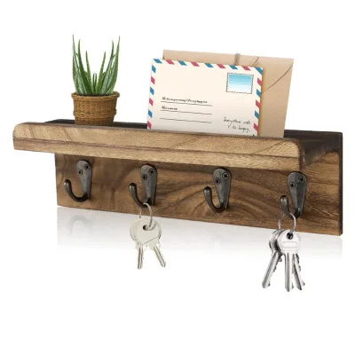 Single-Tier Rustic Wood Floating Wall Shelf Farmhouse Style Key Holder with 4 Hooks for Home Decor for Living Room