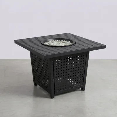 Square Slatted Aluminium Propane Fire Pit Table with Perforated Base & Glass Fire Stones