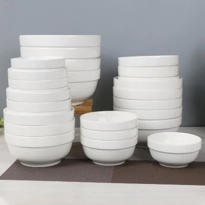 White Porcelain Ceramic Bowl Multi Sizes Rice Soup Noodle Bowl Home Restaurant Tableware Bulk Wholesale OEM Available