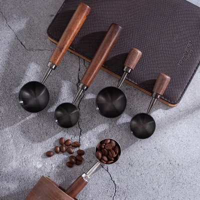 Harmony High Quality Eco-Friendly Portable Stainless Steel Measuring Spoons Coffee Scoop 15 30Ml Long Walnut Wooden Handle Spoon