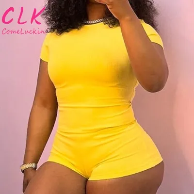 Women Summer Set New Sexy Solid Color Round Neck Skinny T-shirt Top Low Waist Shorts Set 2 Piece Sets Outfits