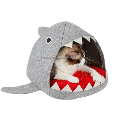Shark Shape Washable Felt Pet Cave Bed for Cats Small Dogs Hut With Removable Cushioned Pillow