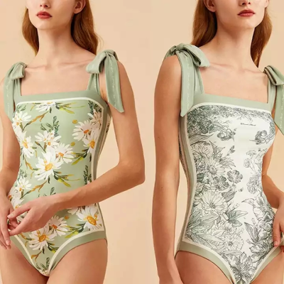 Vintage Double Sided Print Famous Brand Luxury Swimwear Women Reversible  One Piece Bathing Suits