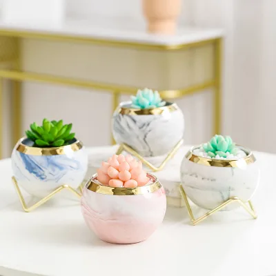 HY198 Wholesale Blank Coated Custom Succulent Planter Ceramic Flower Planter Pot with Iron Tray Desk Flowerpot