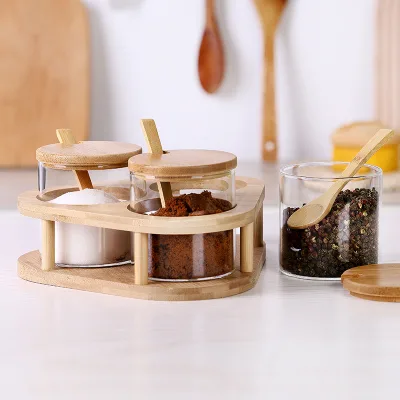 Bamboo Spice Rack Set with Airtight Glass Jars With Wooden Lids - Kitchen Countertop Organizer for Seasonings, Salt, Pepper,