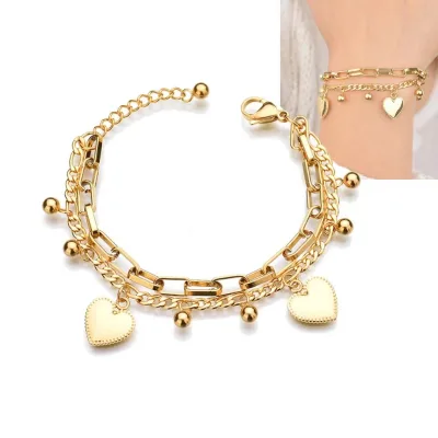 New Arrival Cuban Link Stainless Steel Bracelet Double Layers Bracelet Adjustable Heart Pendant Bracelet for Women and Girls