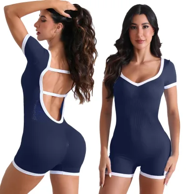 Seamless Sports Bodysuit & Jumpsuit Colorful Gym Wear with Short Sleeve and Shorts Sweat-Wicking Nylon/Spandex