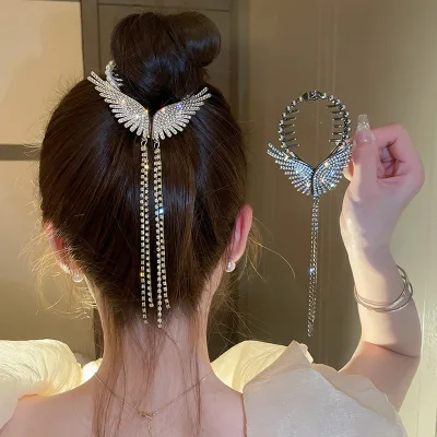 Women Wings Elegant Hair Clips Rhinestone Crystal Diamond Pearl Long Tassel Hair Clip