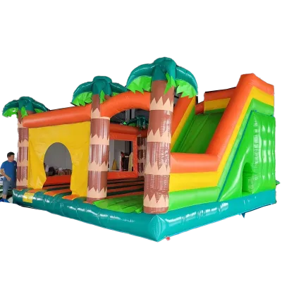 Tiki Island Palm Tree Theme Inflatable Bounce House with Slide Combo Kids Jumping Castle for Party Rental