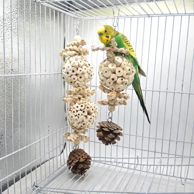 Handmade pine cone chew toy for birds, pet bird cage hanging play accessory