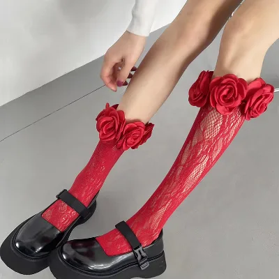 Women Girl Frilly Cute Fun Novelty Stockings Mesh Fishnet Floral Lace Ruffle Socks