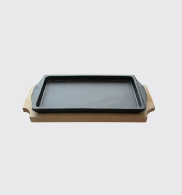 8.25"Long X 5"Wide Rectangular Personal Size Cast Iron Steak Plate Sizzle Griddle with Wooden Base