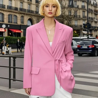 2025 Myst&Za Summer New Pink Blazer Versatile Long Sleeved Jacket with Buttonless Lace up Design Loose and Casual Top