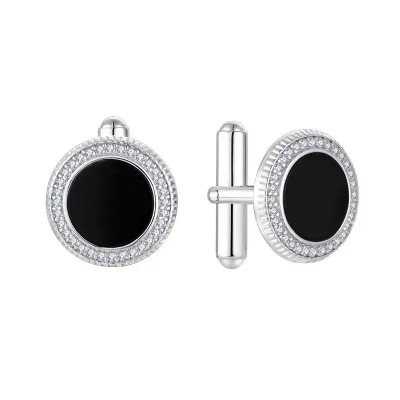 925 Sterling Silver Round Black Onyx Cufflinks Cubic Zirconia Halo Inlay Vintage Gear Edge Formal French Shirt Cuff Links
