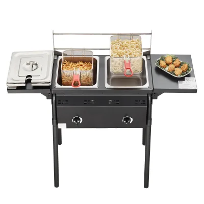 Commercial Outdoor Double Deep Gas Fryer Vertical Propane Deep Fryer Portable and Removable with 2 Stainless Steel Basket & Lid