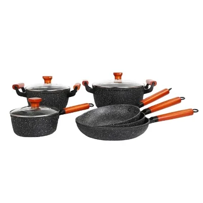 9-Piece Forged Aluminum Marble Coated Granite Wooden Handle Eco-Friendly American Style Induction Ready Glass Cover Metal