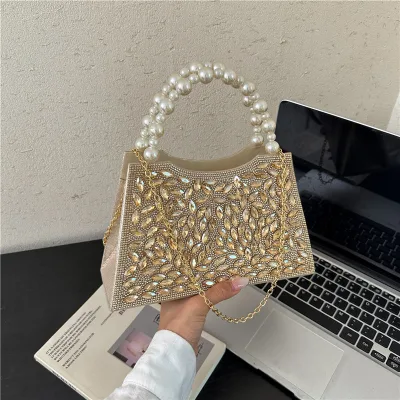 Texture Sparkling Diamond Evening Bag Pearl Beaded Handle Handbag Korean Style Rhinestone Trapezoid Shape Women Dinner Bolso