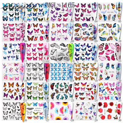 Hot selling 30 sheet/bag colorful butterfly nail decals transfer water sticker for nail beauty