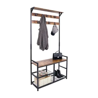 3-in-1 Coat Rack Hall Tree with Shoe Bench Wood Look Accent Furniture and Metal Frame for Living Room or Warehouse Rust Finish