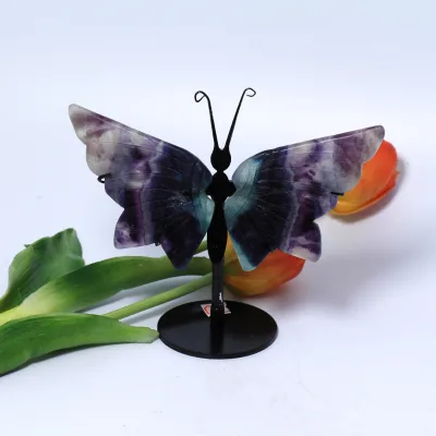 Wholesale Natural Lepidolite Butterfly Wings Figurine Hand Carved Crystal Fluorite Wing Award for Home Decor
